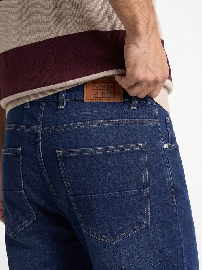 Men's Dark Blue Relaxed Fit Washed Denim Jeans Non-Stretchable