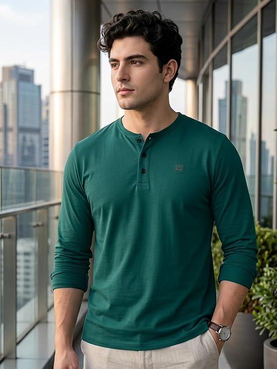 Men's Dark Green Solid Henley Neck Slim Fit Cotton T-Shirt