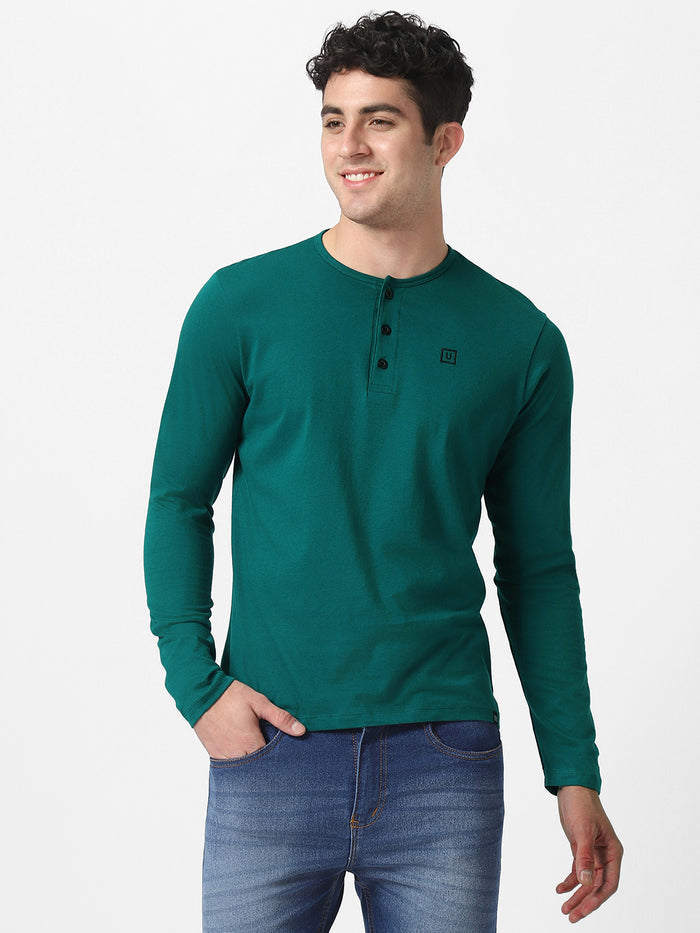 Men's Dark Green Solid Henley Neck Slim Fit Cotton T-Shirt