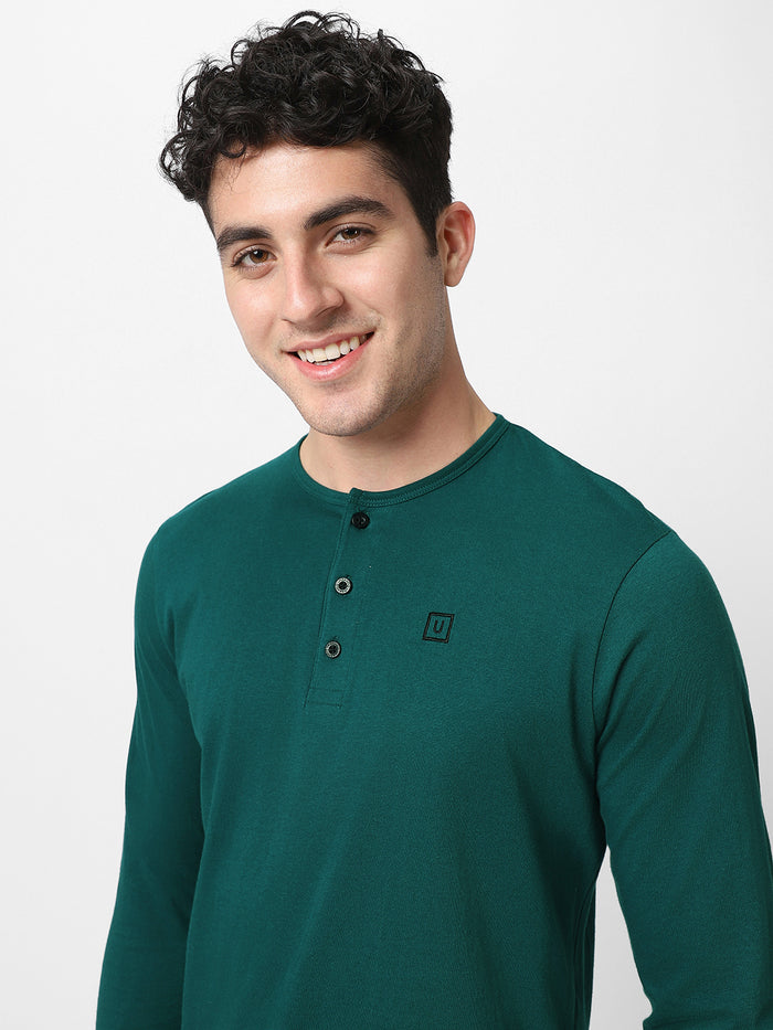 Men's Dark Green Solid Henley Neck Slim Fit Cotton T-Shirt