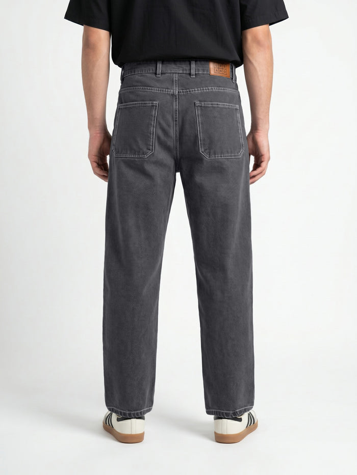 Men's Dark Grey Loose Baggy Fit Washed Denim Jeans Non-Stretchable