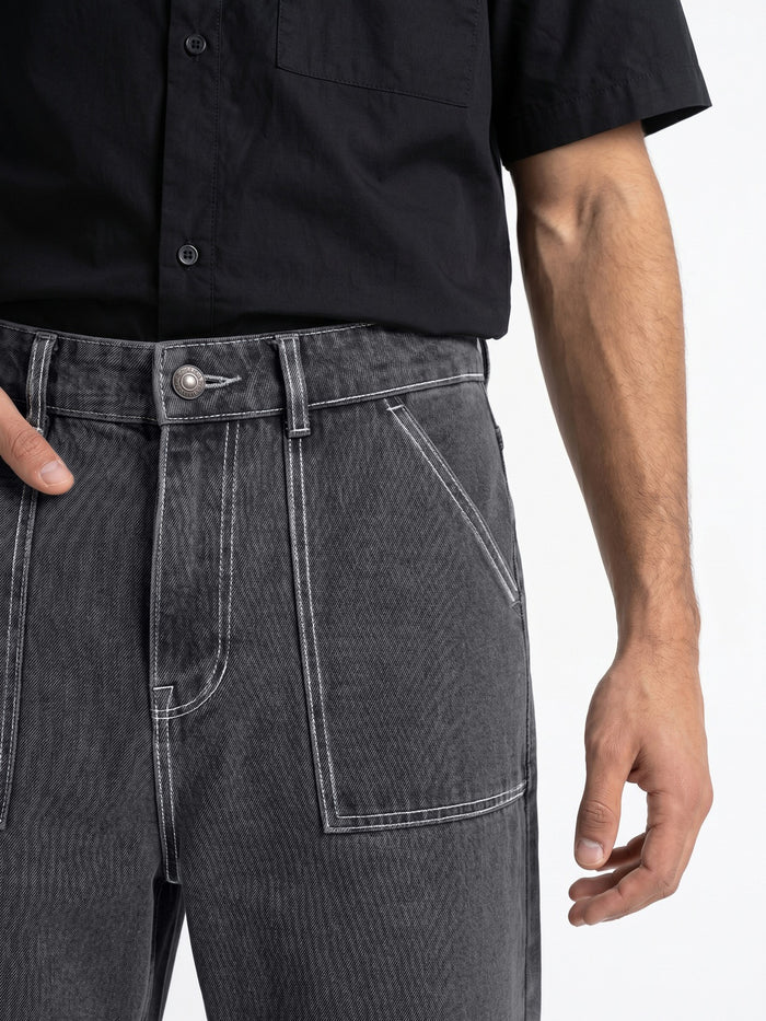 Men's Dark Grey Loose Baggy Fit Washed Denim Jeans Non-Stretchable