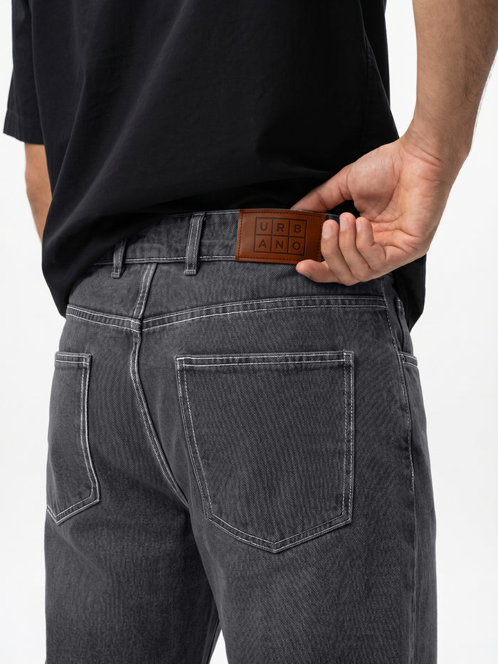 Men's Dark Grey Loose Baggy Fit Washed Denim Jeans Non-Stretchable