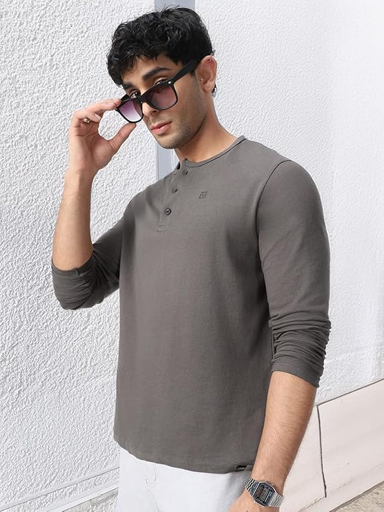 Men's Dark Grey Solid Henley Neck Slim Fit Full Sleeve Cotton T-Shirt