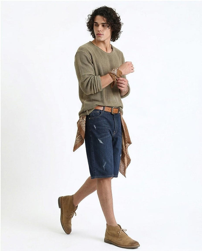 Men's Distressed Dark Indigo Denim Shorts - O198733