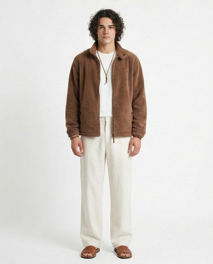 Men's Earth-Tone Teddy Fleece Zip-Up Jacket - O201294