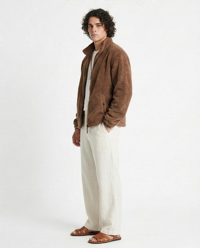 Men's Earth-Tone Teddy Fleece Zip-Up Jacket - O201294