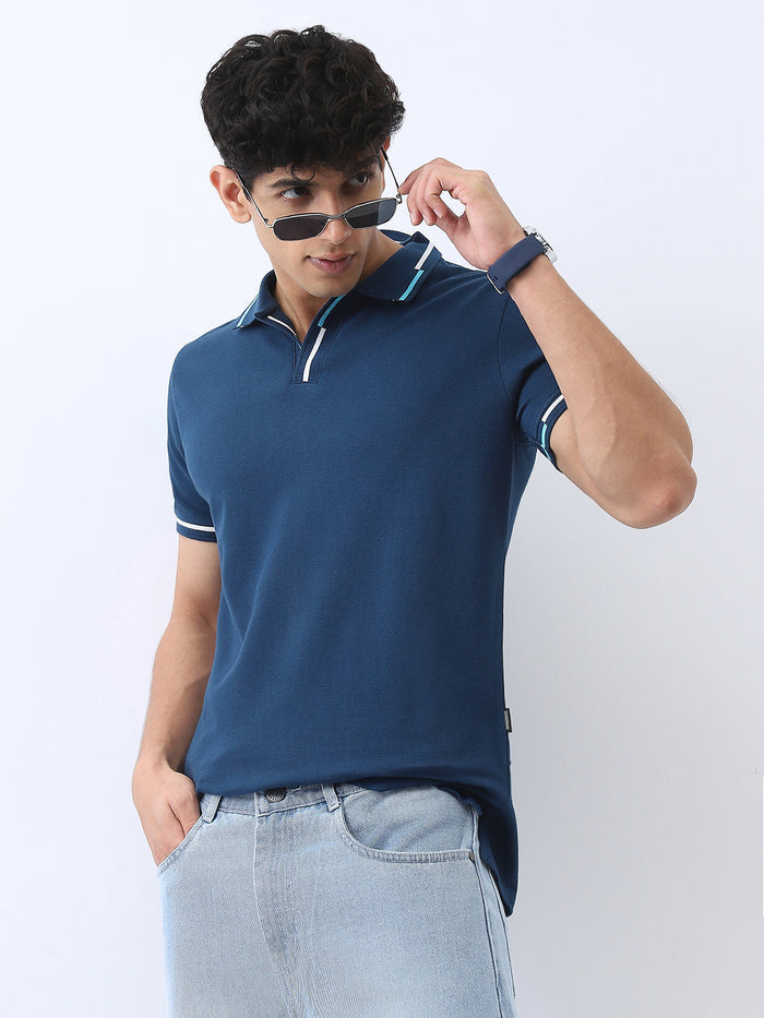 Men's Estate Blue Solid Regular Fit Half Sleeve Cotton Polo T-Shirt