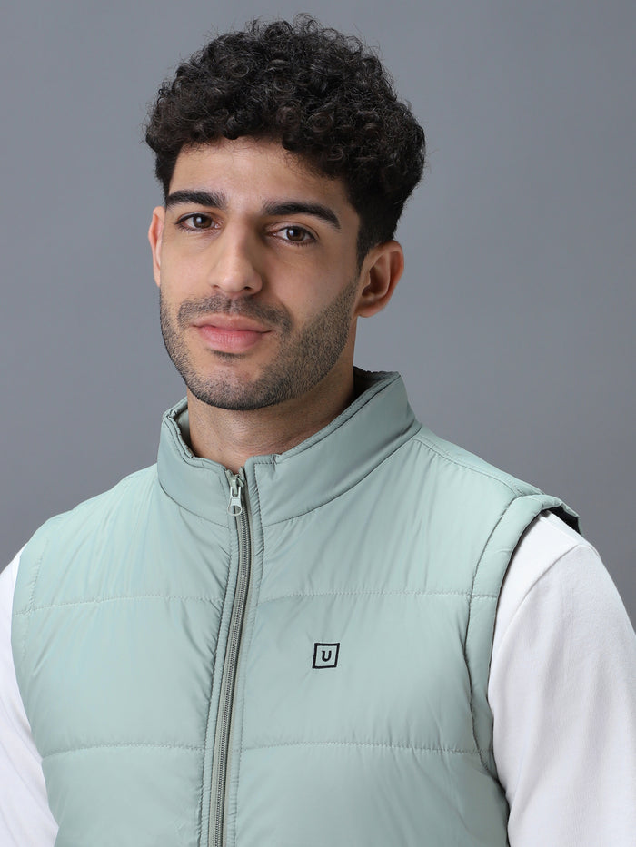 Men's Green Sleeveless Zippered Puffer Jacket