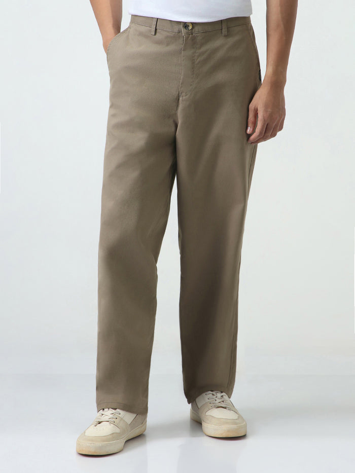 Men's Grey Loose Baggy Fit Solid Chino Trousers Non-Stretchable
