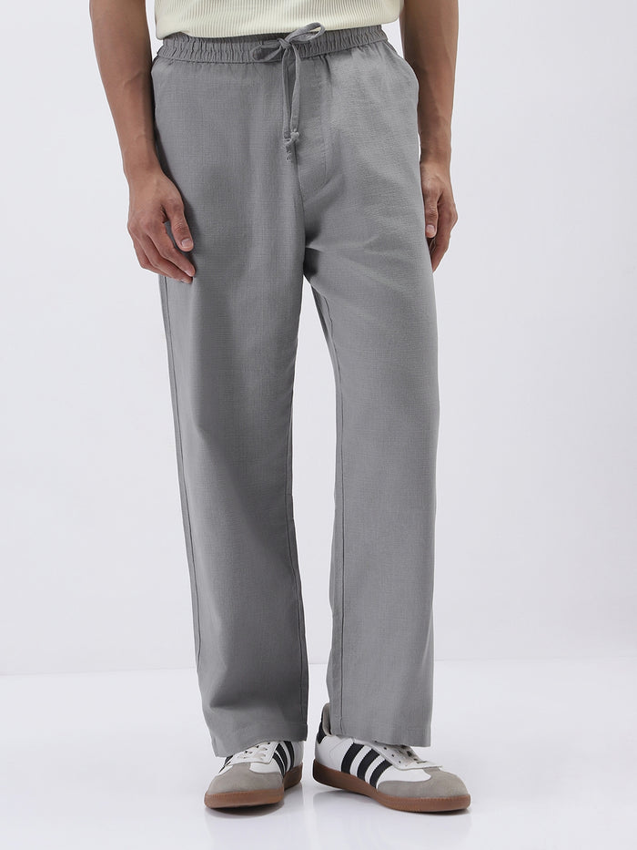 Men's Grey Loose Fit Solid Linen Blend Trousers Non-Stretchable