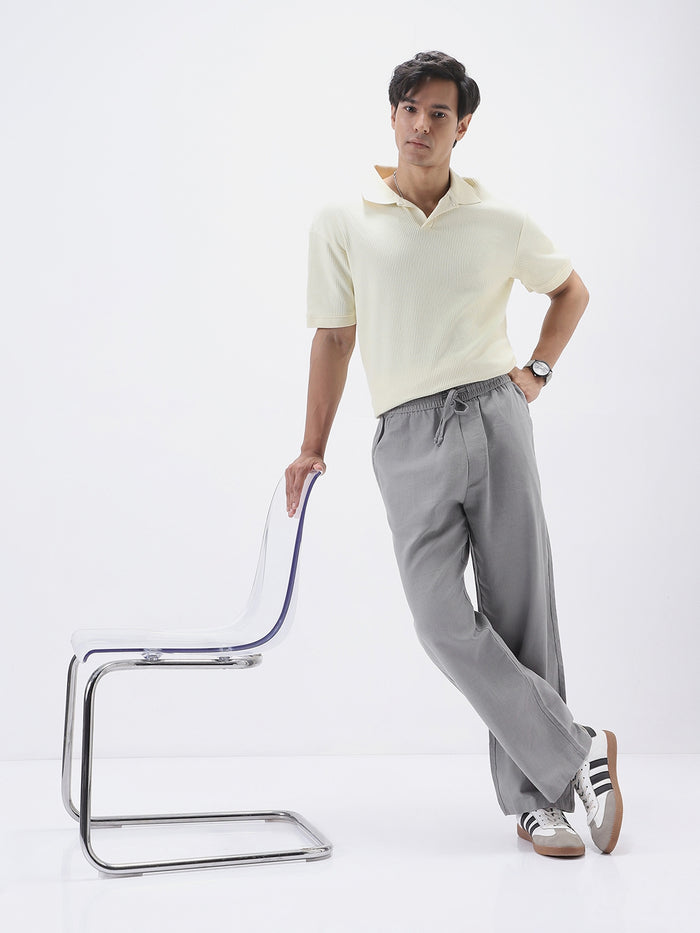 Men's Grey Loose Fit Solid Linen Blend Trousers Non-Stretchable