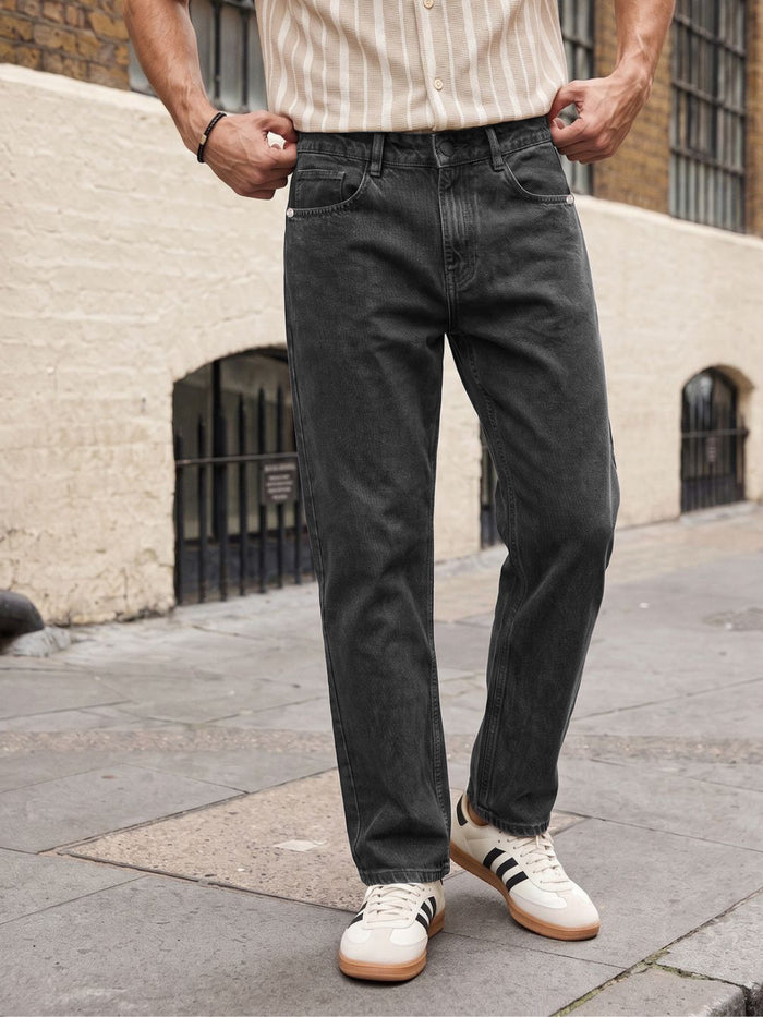 Men's Grey Relaxed Fit Washed Denim Jeans Non-Stretchable