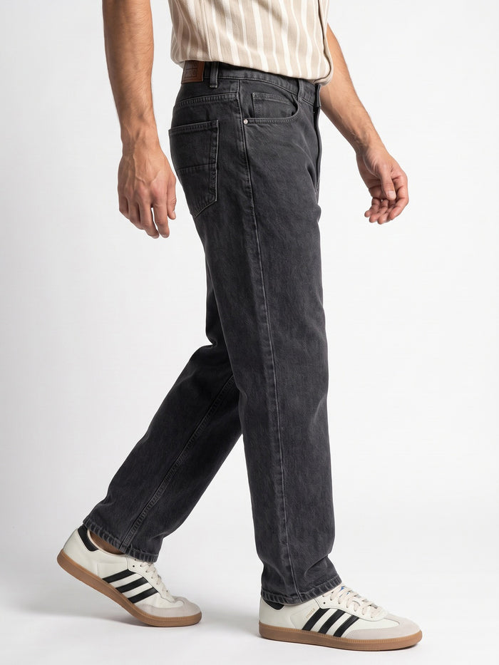 Men's Grey Relaxed Fit Washed Denim Jeans Non-Stretchable