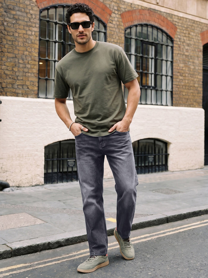 Men's Grey Relaxed Fit Washed Denim Jeans Non-Stretchable