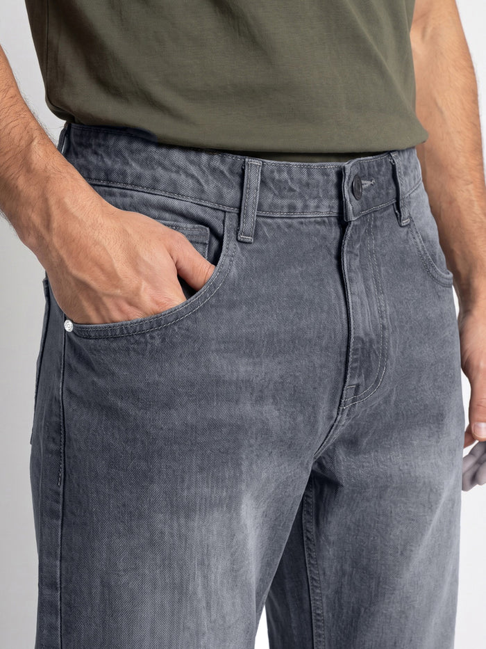 Men's Grey Relaxed Fit Washed Denim Jeans Non-Stretchable