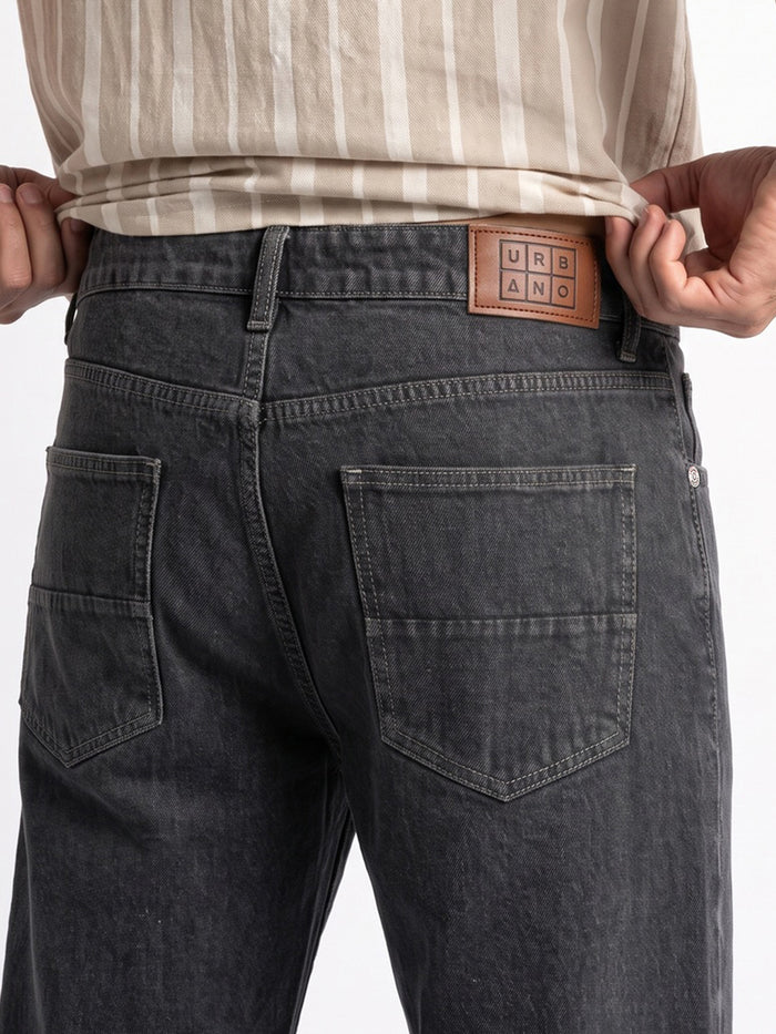 Men's Grey Relaxed Fit Washed Denim Jeans Non-Stretchable