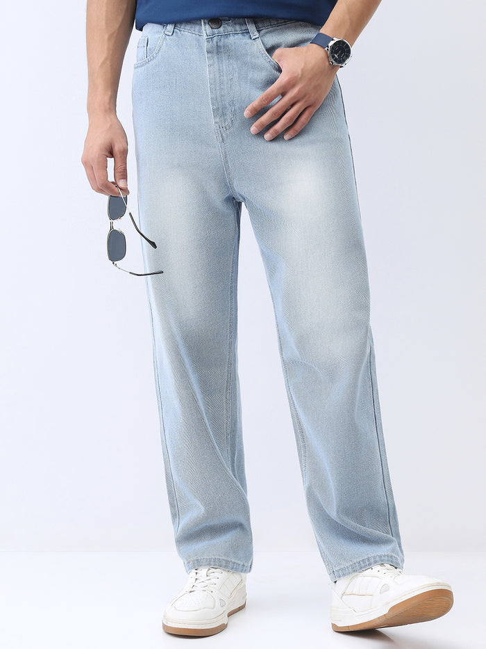 Men's Ice Blue Loose Baggy Fit Washed Jeans Non-Stretchable
