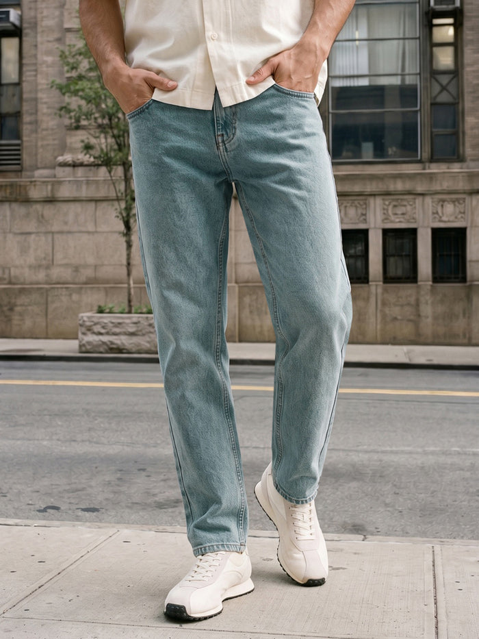Men's Ice Blue Relaxed Fit Washed Denim Jeans Non-Stretchable