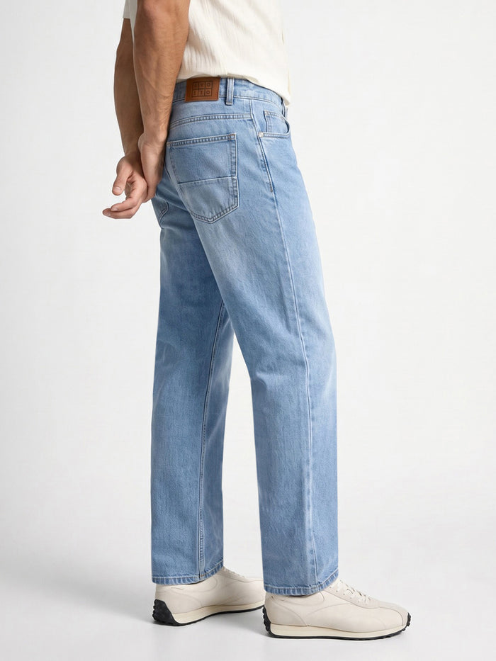 Men's Ice Blue Relaxed Fit Washed Denim Jeans Non-Stretchable