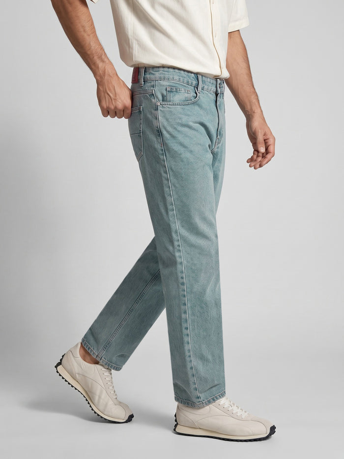 Men's Ice Blue Relaxed Fit Washed Denim Jeans Non-Stretchable