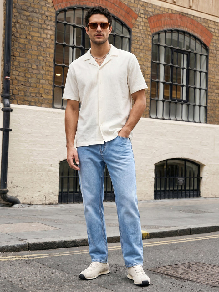 Men's Ice Blue Relaxed Fit Washed Denim Jeans Non-Stretchable