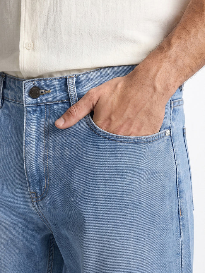 Men's Ice Blue Relaxed Fit Washed Denim Jeans Non-Stretchable