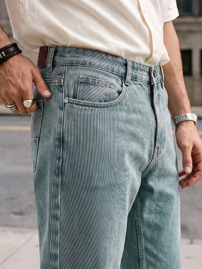 Men's Ice Blue Relaxed Fit Washed Denim Jeans Non-Stretchable