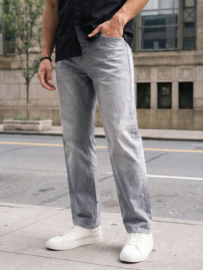 Men's Ice Grey Relaxed Fit Washed Denim Jeans Non-Stretchable