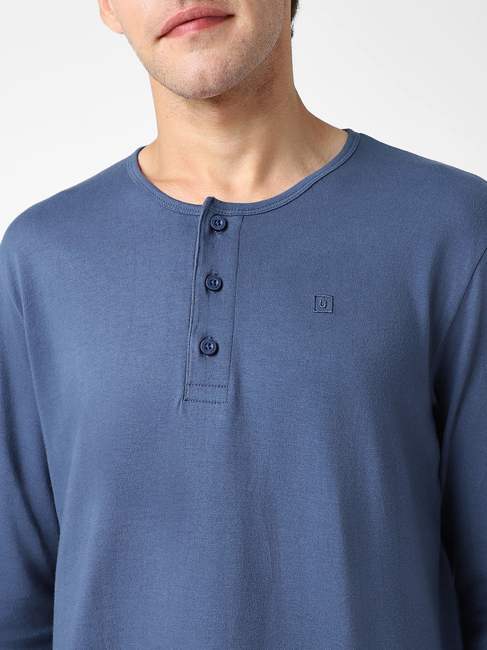 Men's Indigo Blue Solid Henley Neck Slim Fit Full Sleeve Cotton T-Shirt