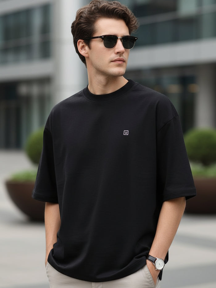 Men's Jet Black Solid Round Neck Oversized Half Sleeve Cotton T-Shirt