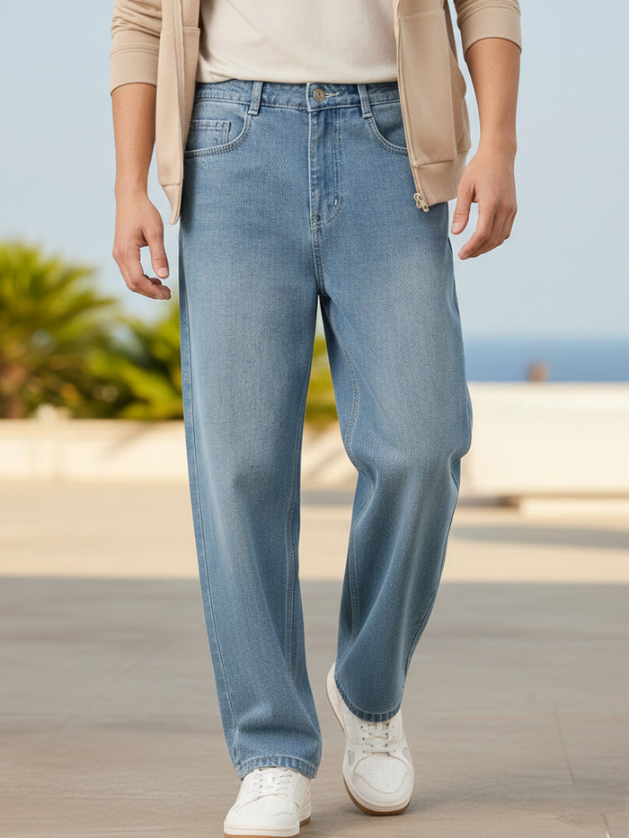 Men's Light Blue Loose Baggy Fit Washed Jeans Non-Stretchable
