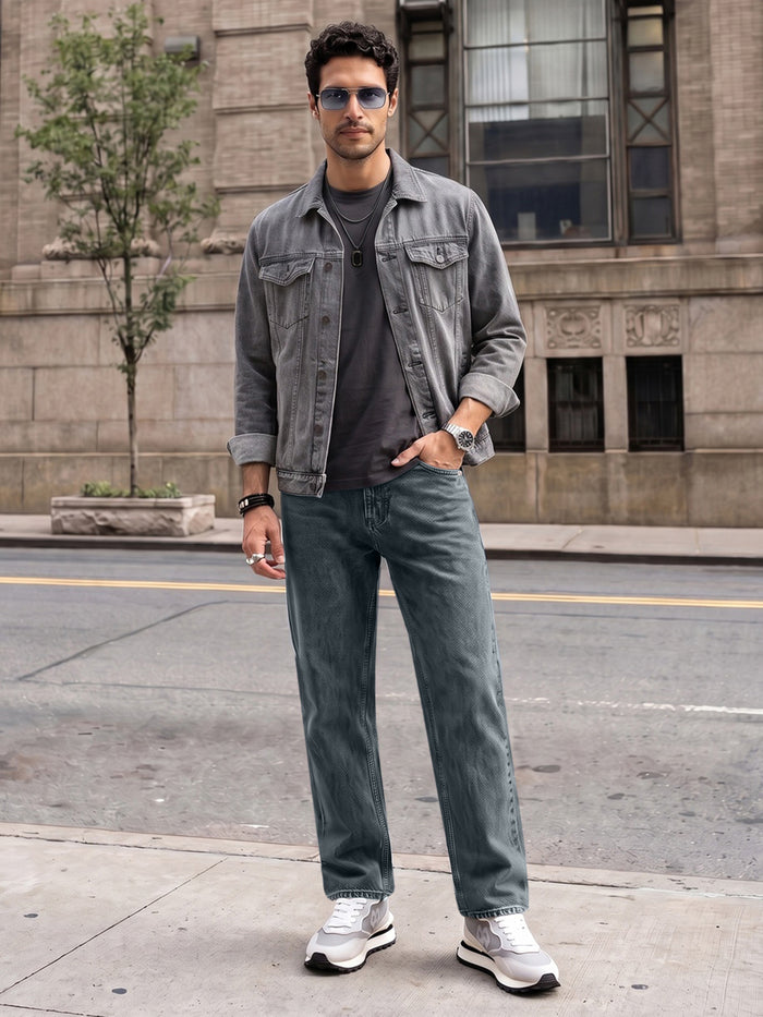 Men's Light Blue Relaxed Fit Washed Denim Jeans Non-Stretchable