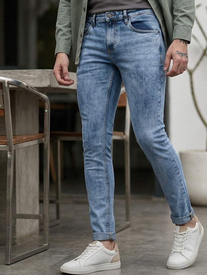 Men's Light Blue Skinny Fit Washed Jeans Stretchable
