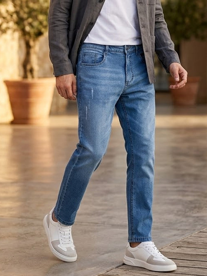 Men's Light Blue Slim Fit Mild Distressed/Torn Jeans Stretchable