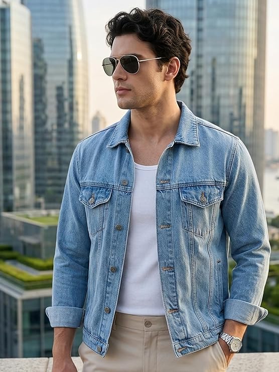 Men's Light Blue Solid Regular Fit Washed Full Sleeve Denim Jacket