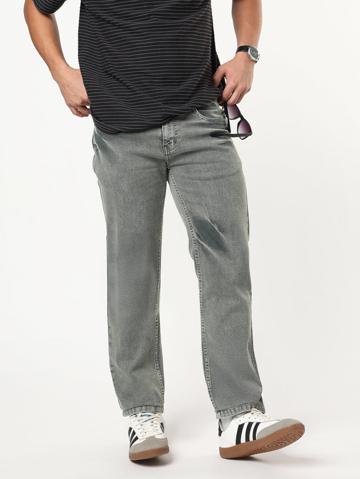 Men's Light Grey Regular Fit Acid Washed Denim Jeans Stretchable