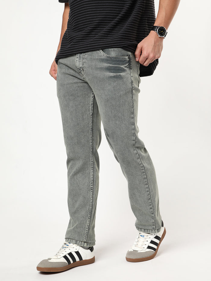 Men's Light Grey Regular Fit Acid Washed Denim Jeans Stretchable