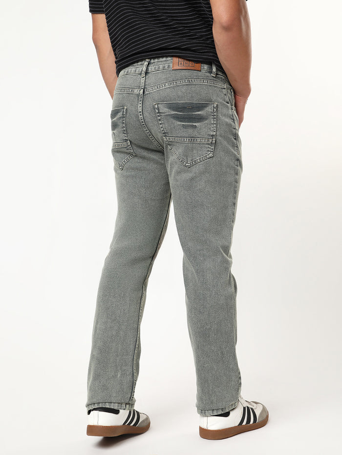 Men's Light Grey Regular Fit Acid Washed Denim Jeans Stretchable
