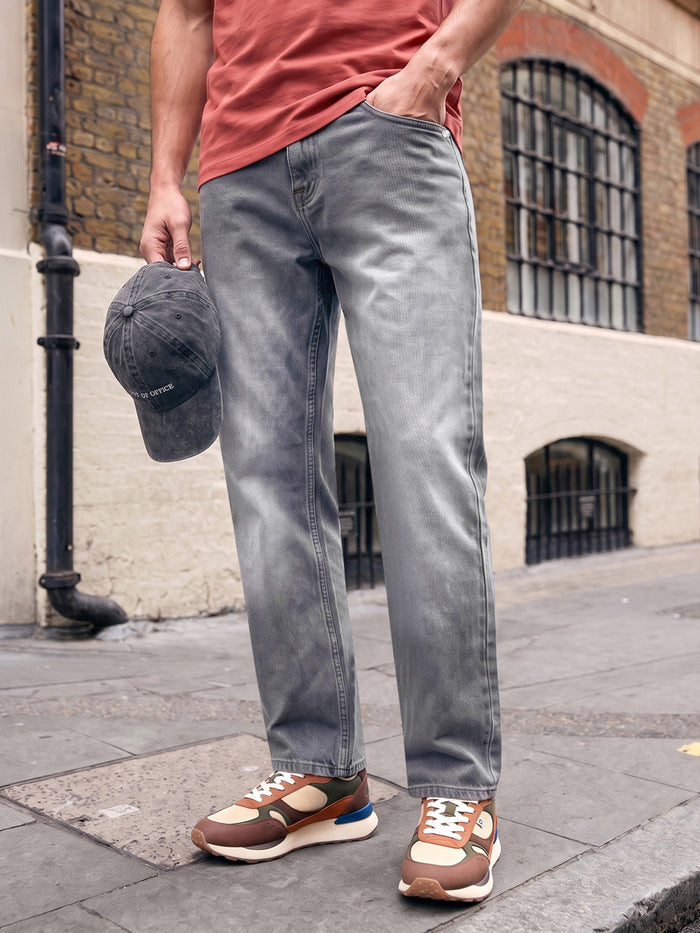 Men's Light Grey Relaxed Fit Washed Denim Jeans Non-Stretchable