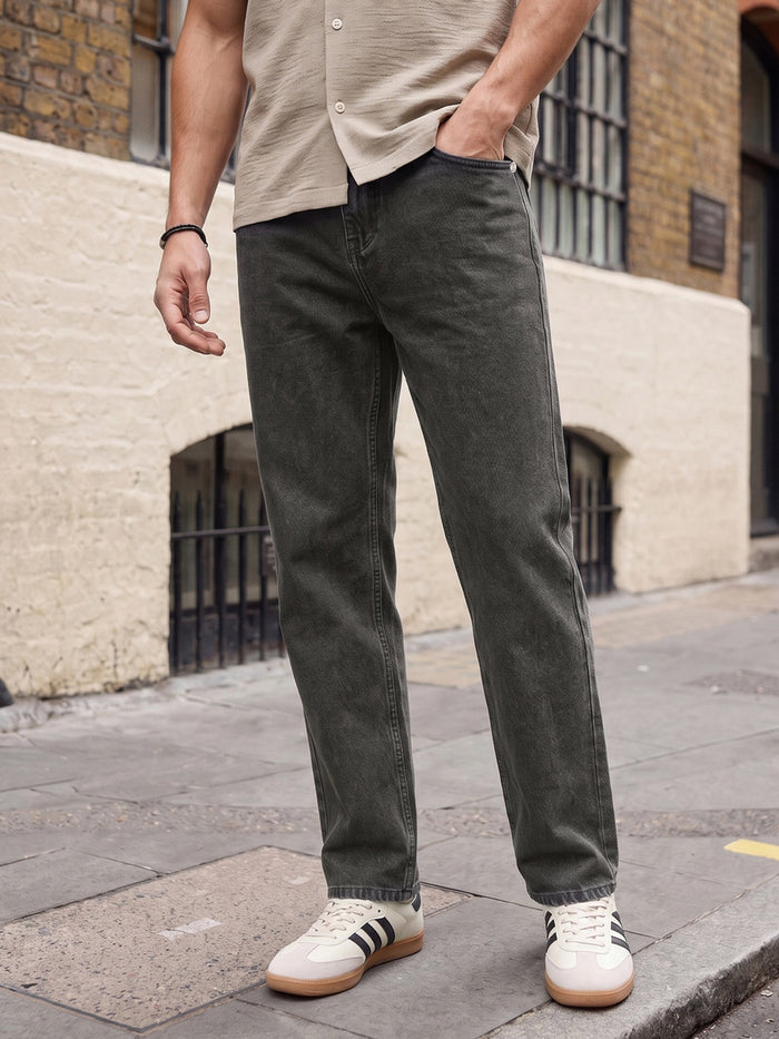Men's Light Grey Relaxed Fit Washed Denim Jeans Non-Stretchable