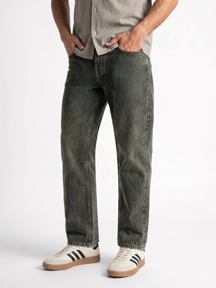 Men's Light Grey Relaxed Fit Washed Denim Jeans Non-Stretchable