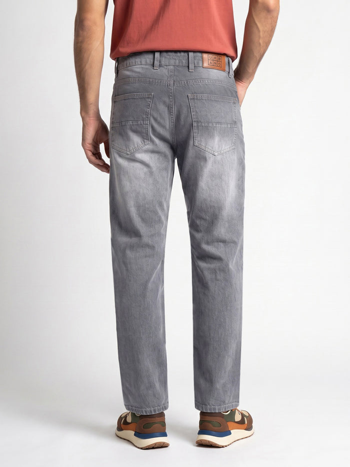 Men's Light Grey Relaxed Fit Washed Denim Jeans Non-Stretchable