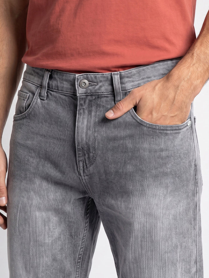 Men's Light Grey Relaxed Fit Washed Denim Jeans Non-Stretchable