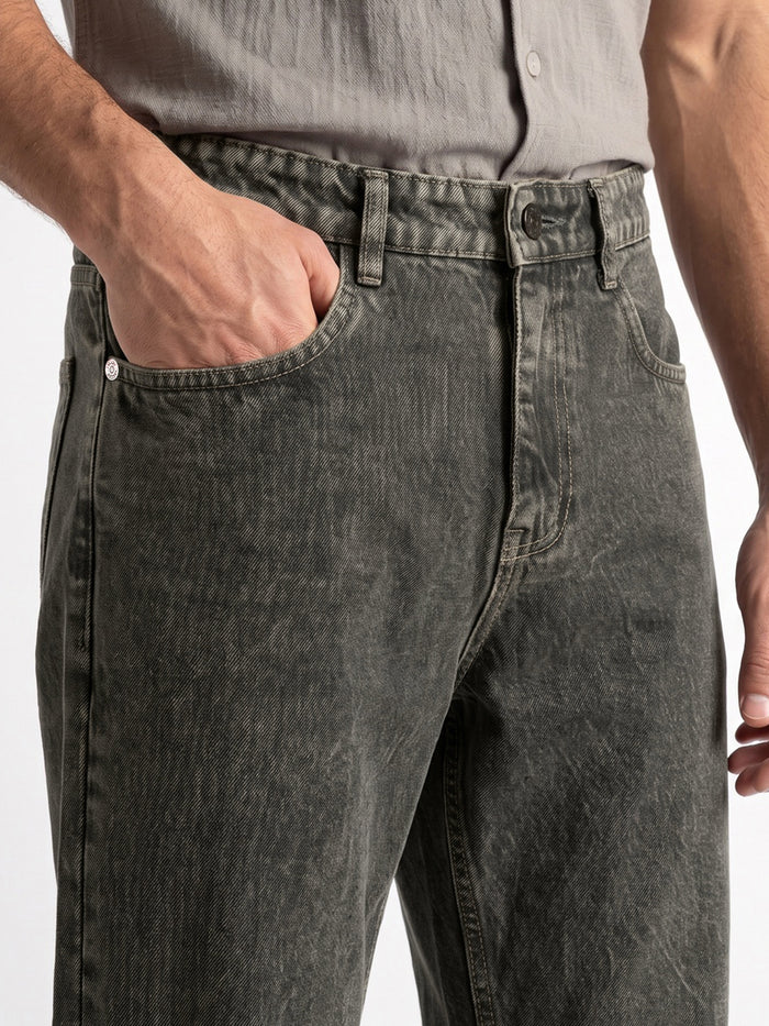 Men's Light Grey Relaxed Fit Washed Denim Jeans Non-Stretchable