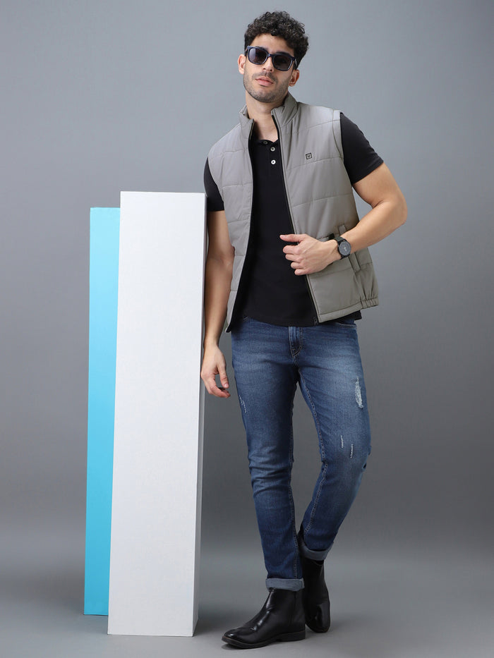 Men's Light Grey Sleeveless Zippered Puffer Jacket
