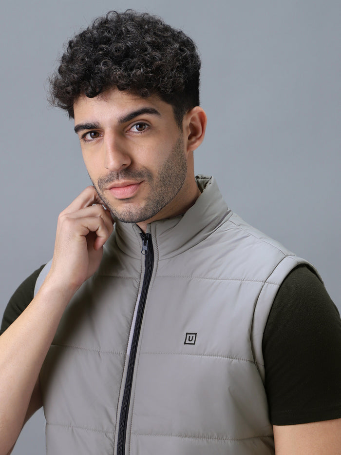 Men's Light Grey Sleeveless Zippered Puffer Jacket