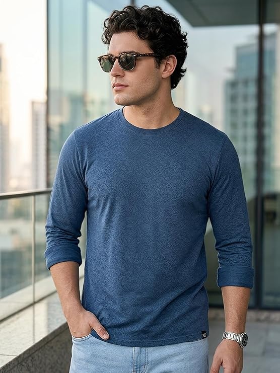 Men's Mood Indigo Printed Full Sleeve Slim Fit Cotton T-Shirt