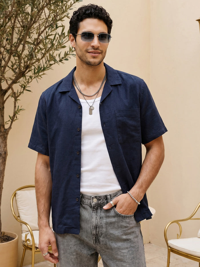 Men's Navy Linen Half Sleeve Oversized Fit Shirt with Cuban Collar