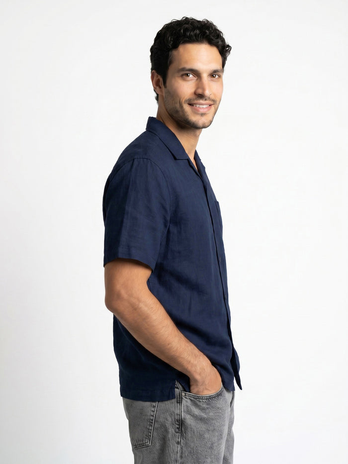 Men's Navy Linen Half Sleeve Oversized Fit Shirt with Cuban Collar